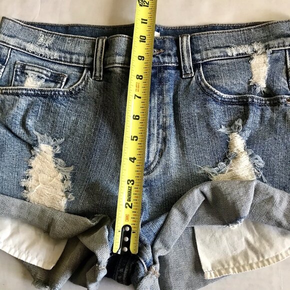 SNEAK PEEK Women’s High-Rise Distressed Cuffed Blue‎ Denim Shortie Shorts Medium - Picture 6 of 6